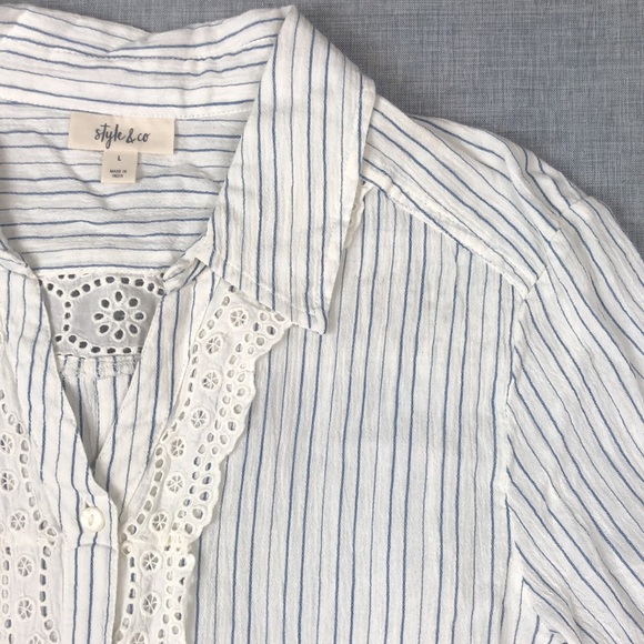 Style & Co Stripe Crochet Trim Button Down Top Size L XL PL PXL - Picture 3 of 7